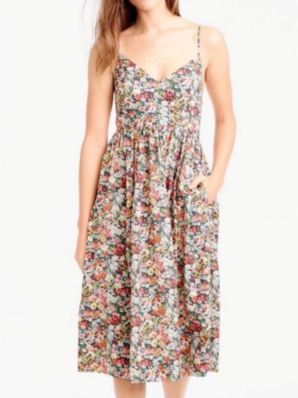 J.Crew x Liberty Thorpe Floral Midi Dress Sz 00 100% Cotton Pockets Like New